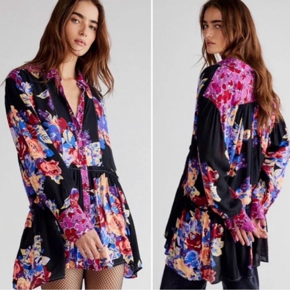 Free People Bunch A Brunch Tunic Top Dress Black Motif Pink Purple Floral Small